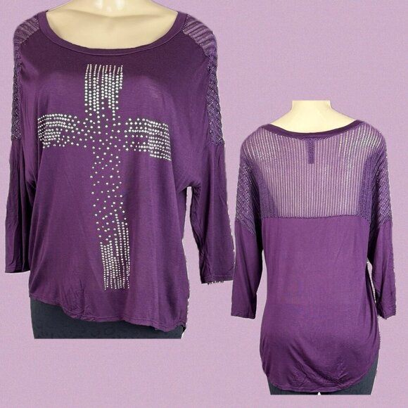 Estam L Purple Studded Cross Crew Neck Step-Hem Open Weave Back 3/4 Sleeve Top - Picture 1 of 6